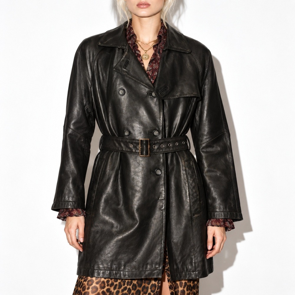 90s Jacqueline Ferrar Leather Trench Coat Womens S Black Belted Lambskin Jacket